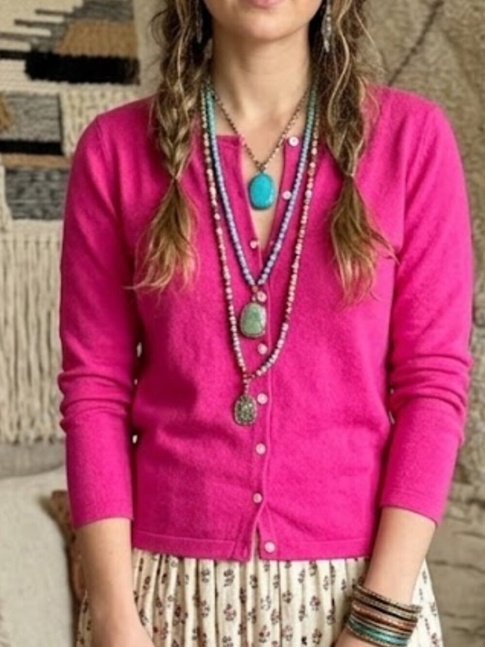 GAP Bright Pink Stretch Knit Crewneck Cardigan Sweater Size Small